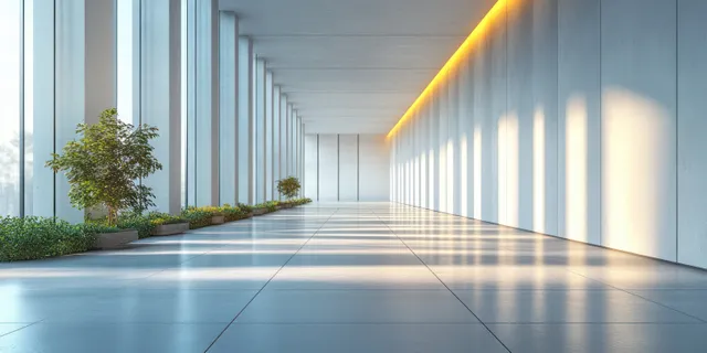 Minimalist corridor with vertical white wall panels and soft angled light strip