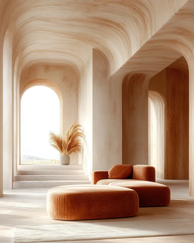 Earthy plush seating rests in a curved archway interior, with a pampas grass vase beside an arched window in daylight.