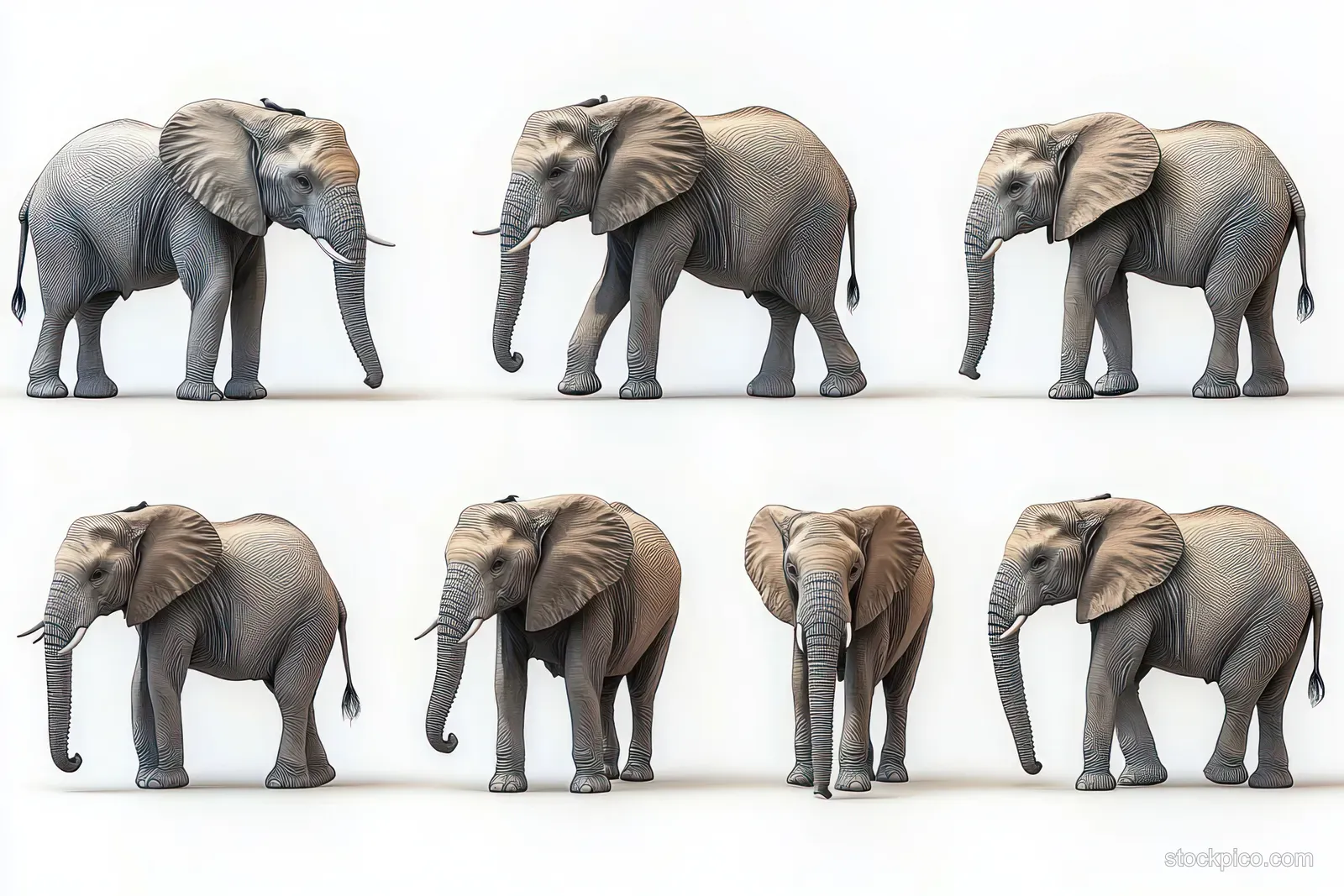 Eight African elephants in different poses, shown from varied angles with visible ears, trunks, and tusks on a white background.