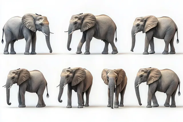 Eight African elephants in different poses, shown from varied angles with visible ears, trunks, and tusks on a white background.