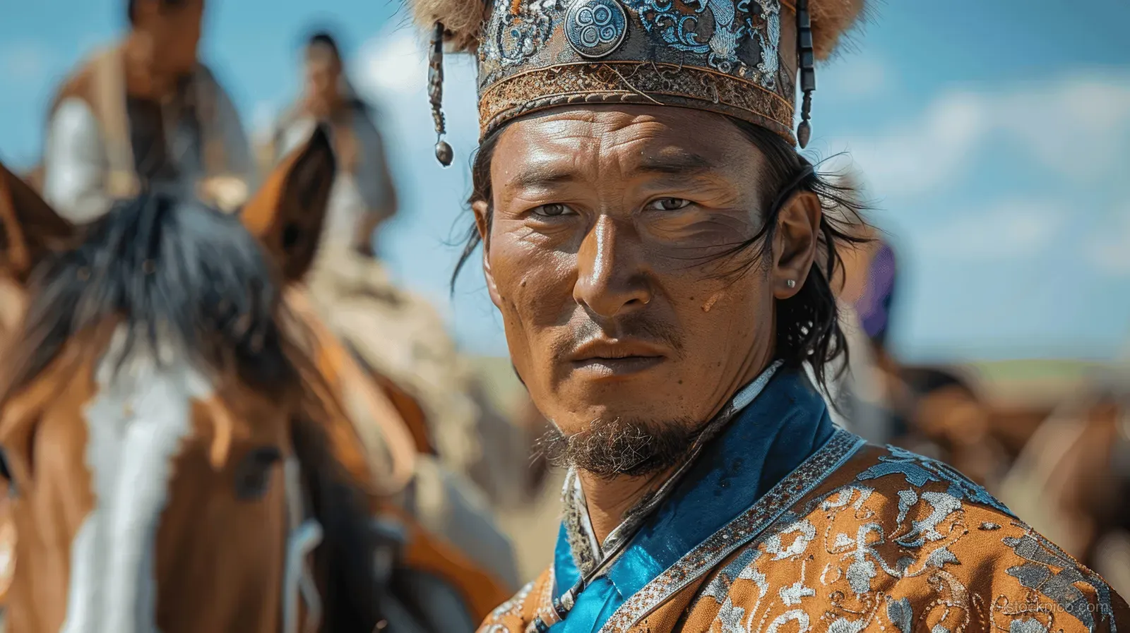 Mongolian Naadam rider in an embroidered coat stands outdoors with horses and other riders behind.