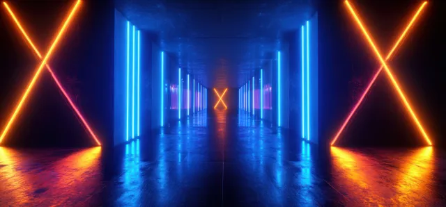 Neon cyberpunk tunnel corridor with blue and orange laser beams glowing on dark concrete floor