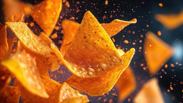 Triangular corn chips floating with orange seasoning particles against a dark background.