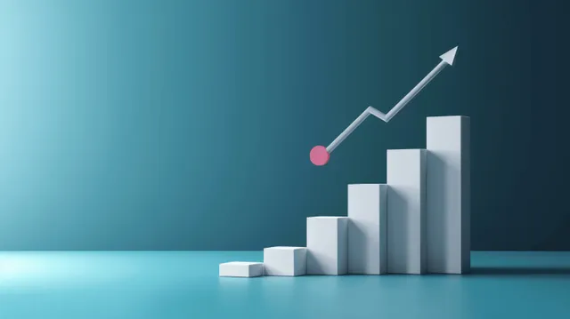 3D rising bar graph with arrow and glowing cubes on blue gradient background