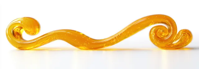 Translucent golden honey syrup swirl with curled ends on a plain white background.