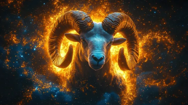Fiery cosmic ram portrait with glowing curved horns, surrounded by blue-orange stardust