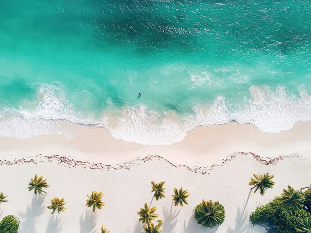 Aerial view of palm trees and turquoise waves along Miami Beach shoreline