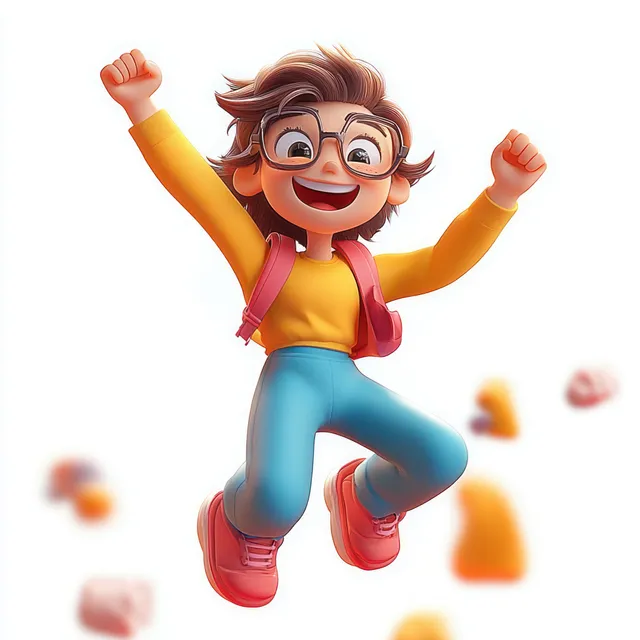 Cartoon girl with arms up jumping in a 3D minimal style on a white background with floating confetti.