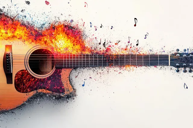 Acoustic guitar with floating music notes and fiery paint burst across white backdrop