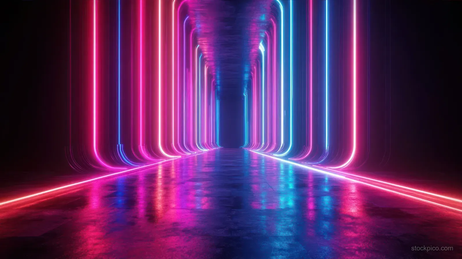 Neon-lit futuristic corridor with pink and blue vertical light tubes reflecting on a shiny floor.