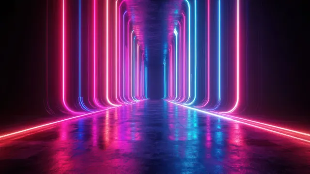 Futuristic neon corridor with pink and blue vertical light tubes reflecting on glossy floor