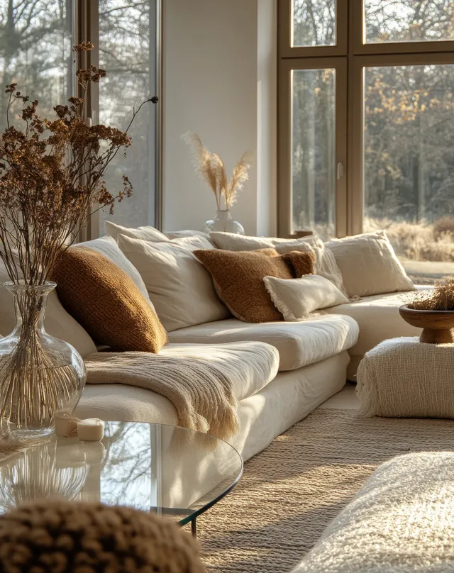 Sunlight fills a Scandinavian living room with a beige sofa, linen cushions, dried flowers in a vase, and tall window views.