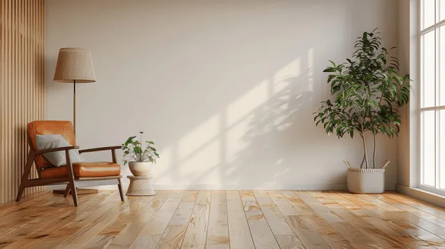 Leather armchair and wooden side table sit in a minimalist living room by a bright window with a potted plant.