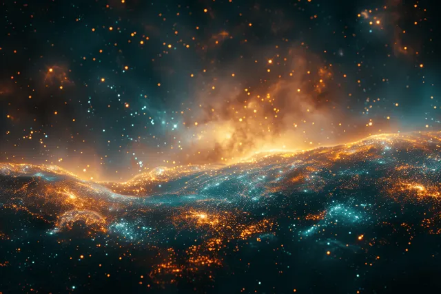 Abstract blue and green nebula background with golden glitter sparkles and light trails