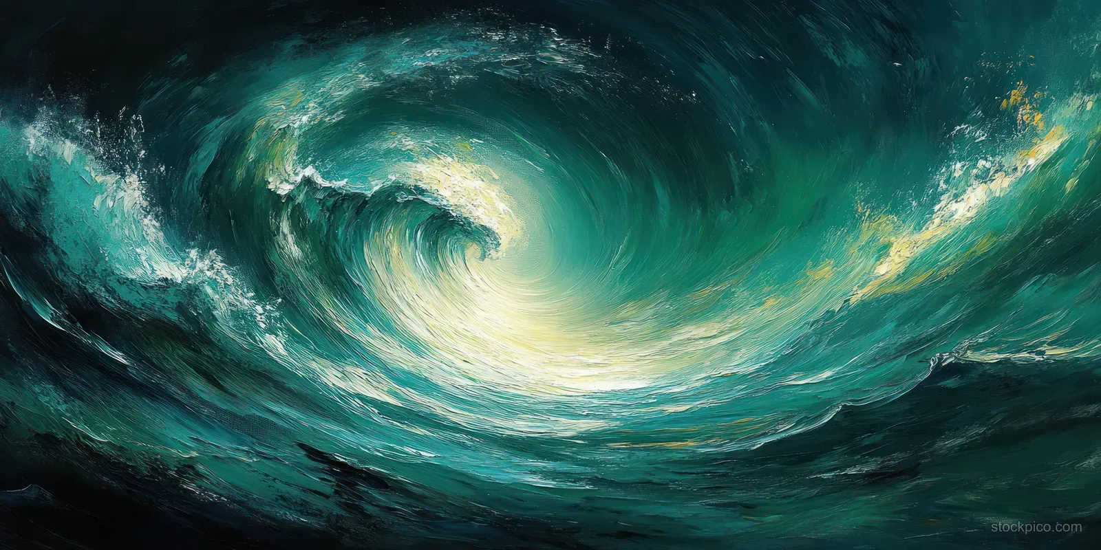 Green abstract whirlpool painting with swirling brush textures over a dark vintage grunge background.