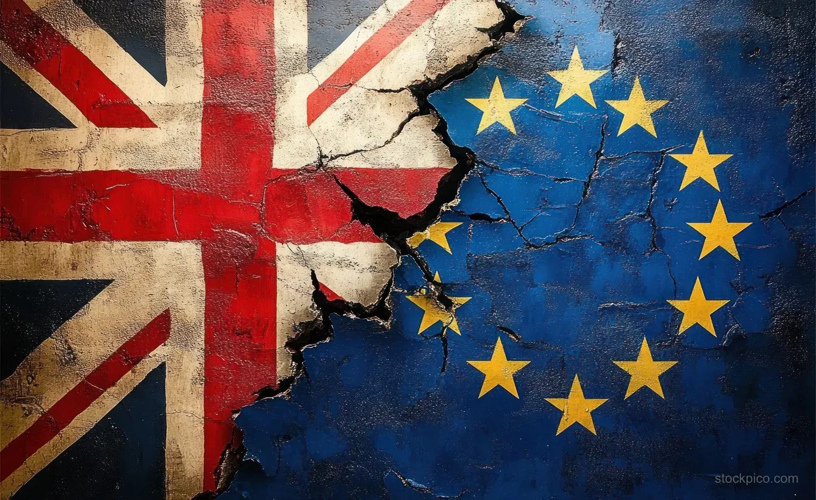 Cracked wall background splitting the Union Jack from the EU stars with frayed paint and bold texture.
