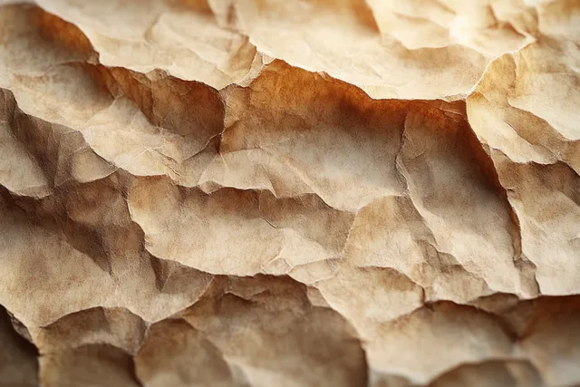 Crumpled brown paper sheet wall texture with deep creases and torn layered edges