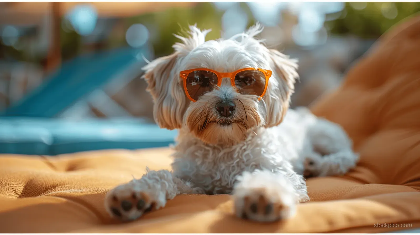 White Havanese dog wearing orange sunglasses lounging on a beach towel with sunlit background blur.