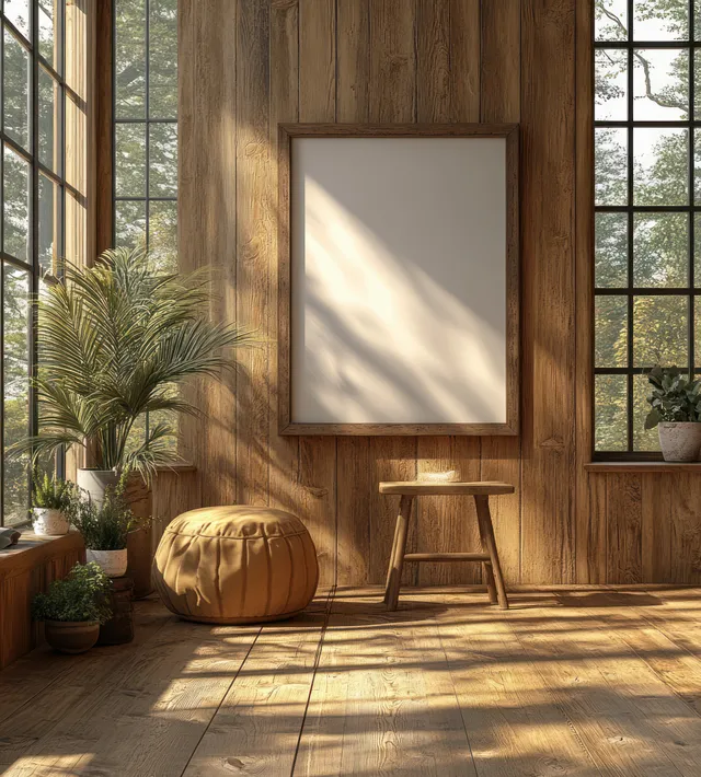 Empty picture frame on a wooden wall with plants and warm sunlight streaming from large windows.