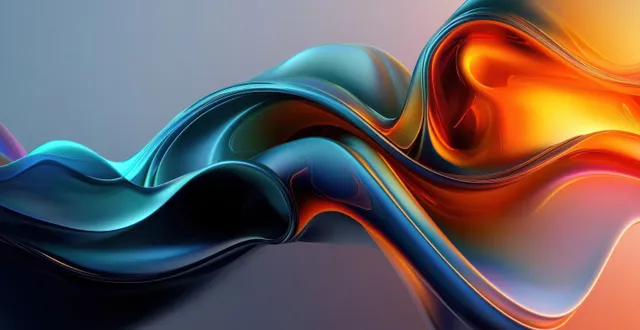 Iridescent ribbon-like abstract sculpture flowing across a blue orange green gradient backdrop