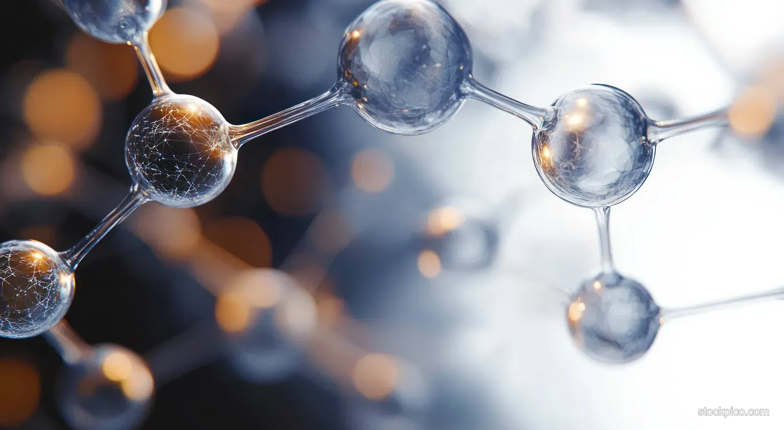 Glowing spherical atoms connected by molecular bonds float on a blurred scientific background.