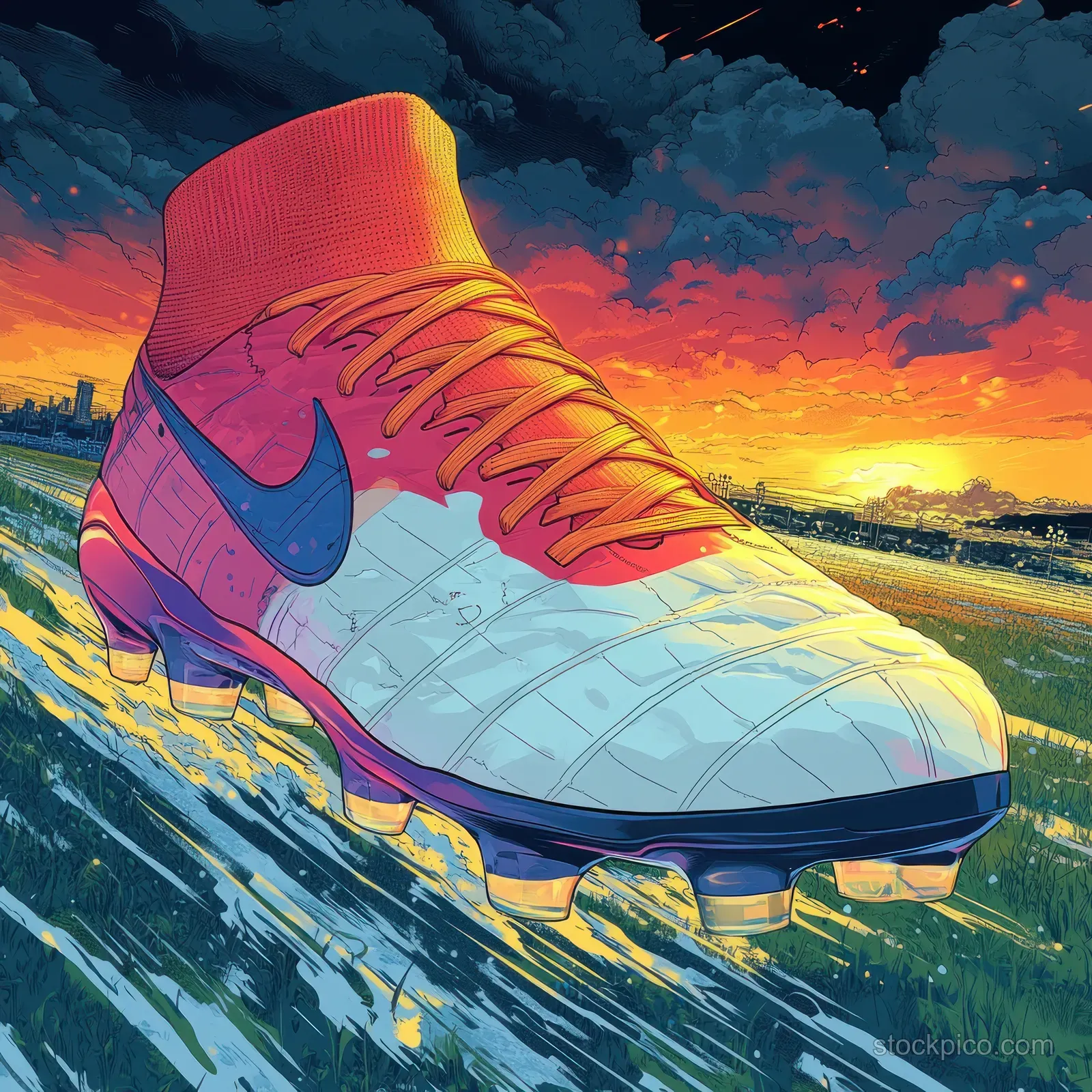 Retro comic style soccer cleat splashes through rain on a field under a vivid sunset sky.