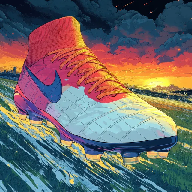 Retro comic style soccer cleat splashes through rain on a field under a vivid sunset sky.