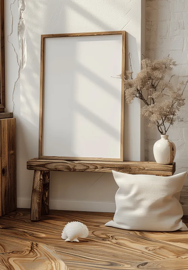 Wooden photo frame mockup on boho shelf beside stool, white and beige interior lighting