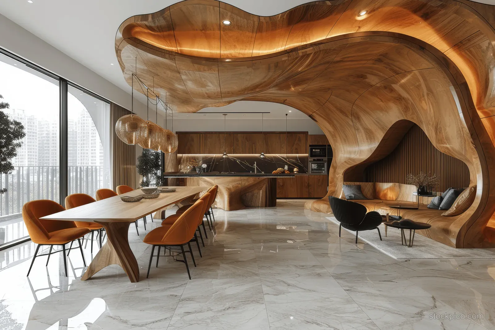 Dining area with a curved wood arch wall, pendant lights, sculptural chairs, and marble-like flooring.