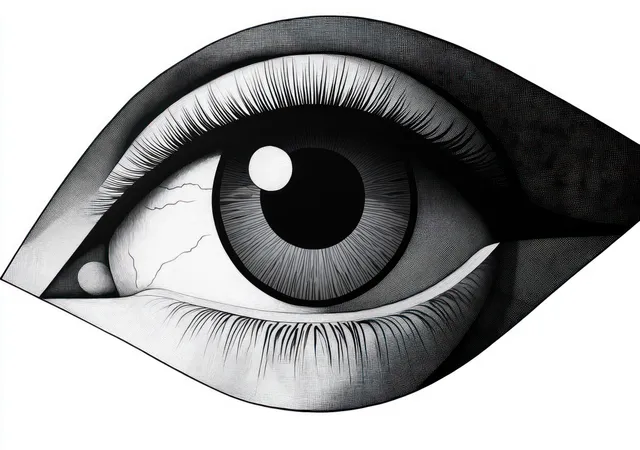Black and white illustrated human eye close-up showing eyelashes, iris, and shaded contours around the pupil.