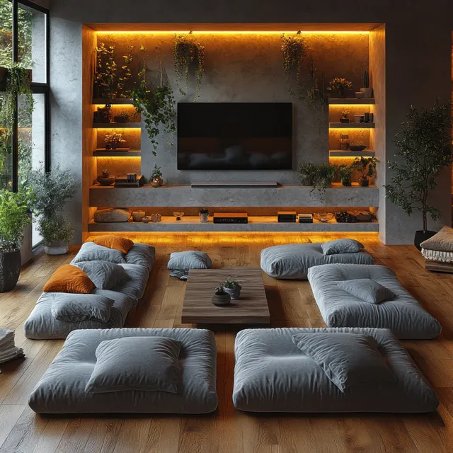 Overhead view of a cozy living room with bean bags, a central rug, and warm illuminated shelves.