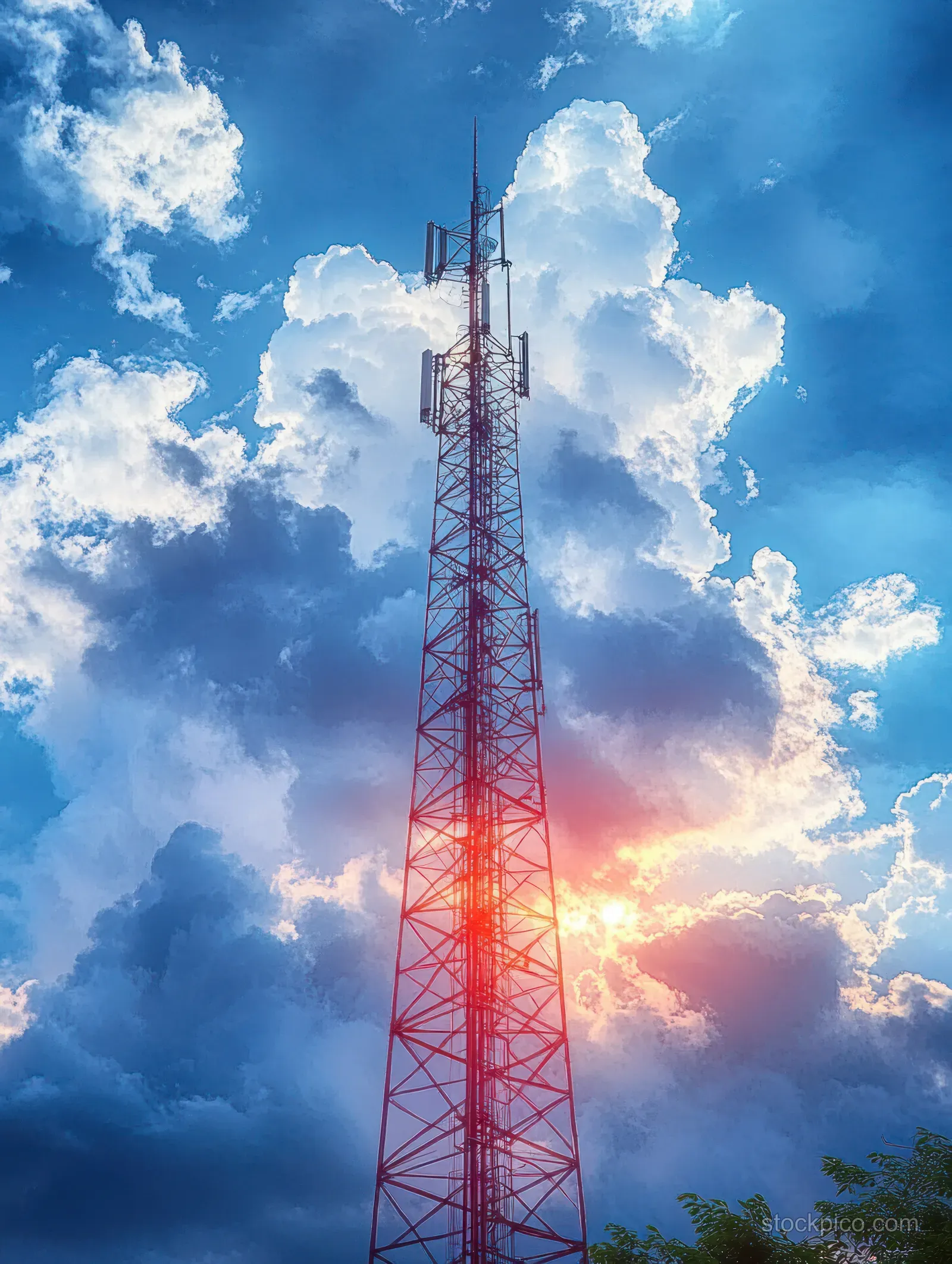 A tall communication tower with antennas stands against a blue cloudy sunset sky with sun rays glowing behind it.