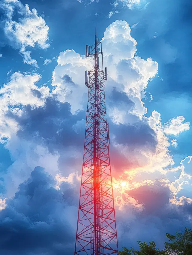 A tall communication tower with antennas stands against a blue cloudy sunset sky with sun rays glowing behind it.