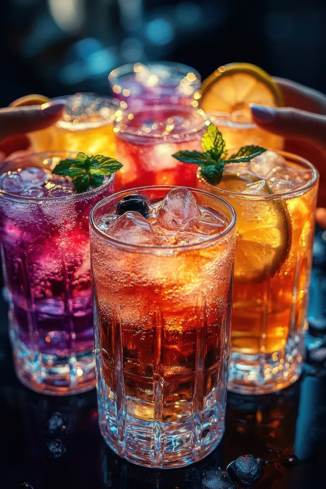 Colorful iced drinks in tall clear glasses with lemon and mint garnish on a dark reflective table.