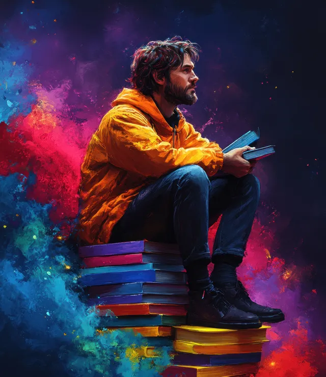 Cartoon businessman Billy sits on stacked colorful books under vibrant blue and red light clouds.