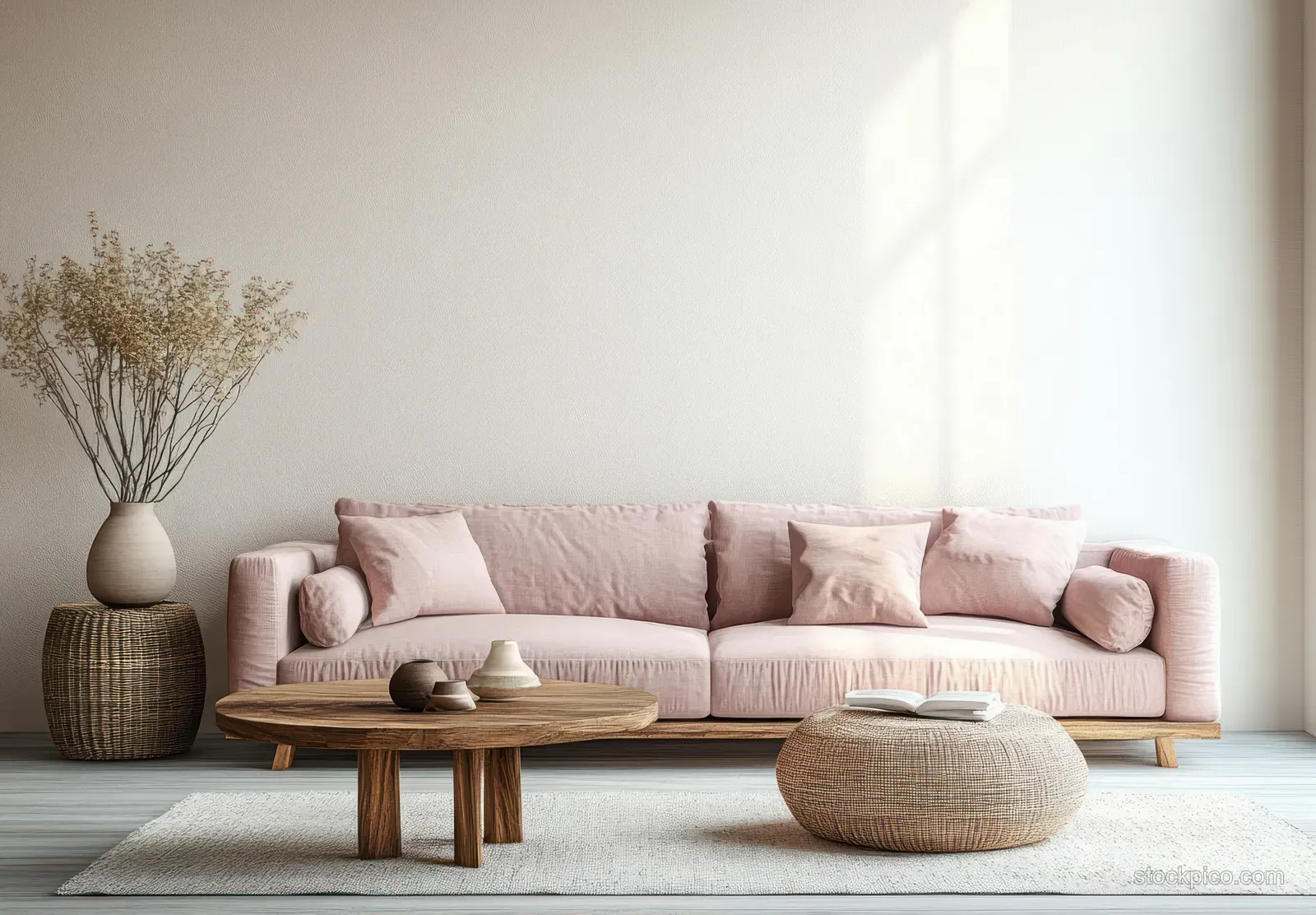 Minimalist living room with a soft pink sofa, wooden coffee table, and sunlit shadows on pale walls.