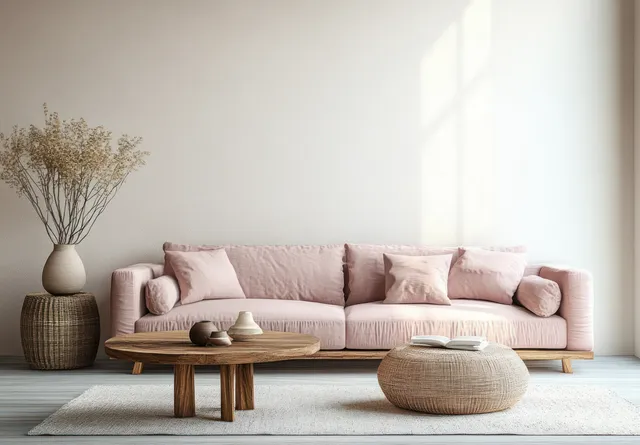 Minimalist living room with a soft pink sofa, wooden coffee table, and sunlit shadows on pale walls.