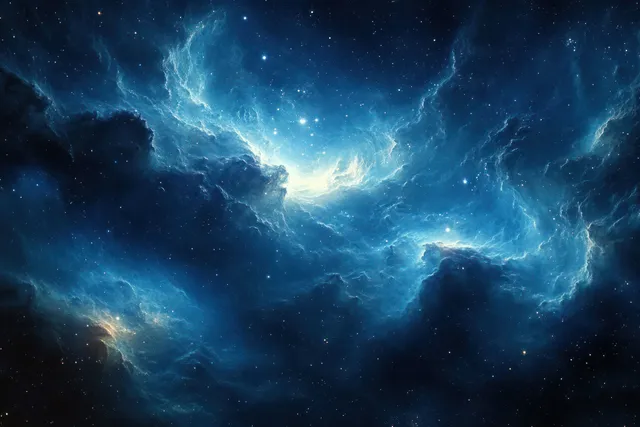 Swirling blue and white nebula clouds glow with bright stars across a dark deep-space background.