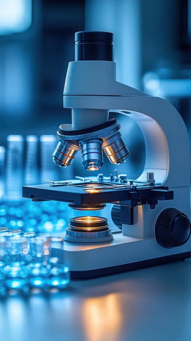 Blue-lit microscope focused on glassware while nearby test tubes blur into the background.