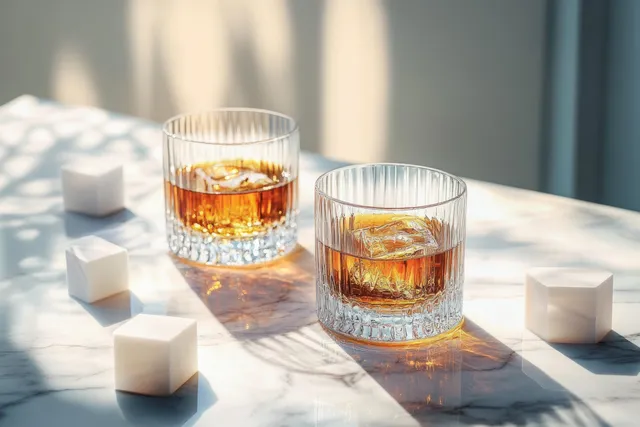 Two amber whiskey glasses with large clear ice cubes on a white marble table under warm sunlight.