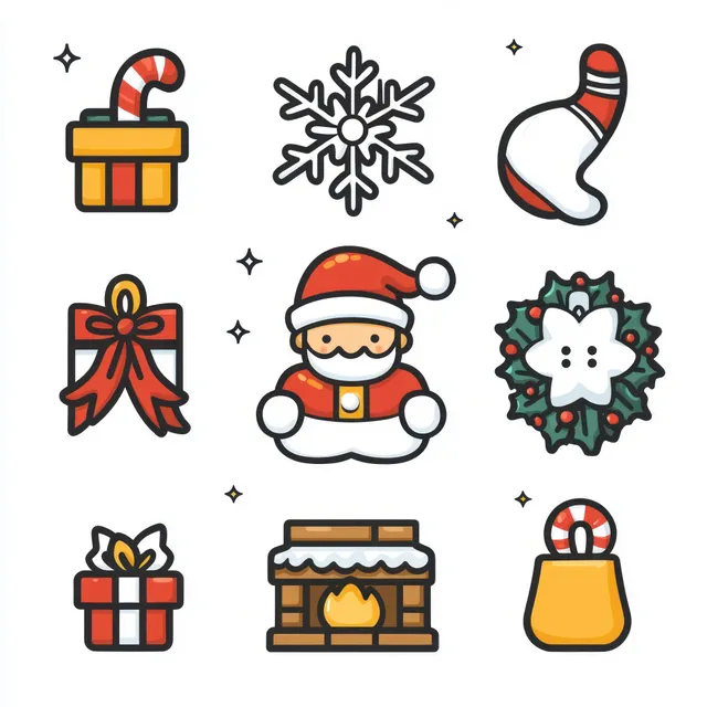 Colorful Christmas icon set featuring Santa, wrapped gifts, candy cane, stocking, snowflake, wreath, and fireplace.