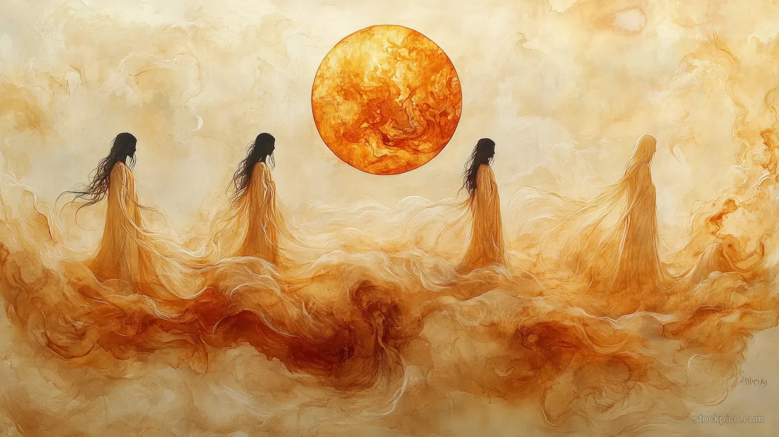 Four ethereal figures in flowing robes rise through warm orange flames and mist under a glowing golden moon.
