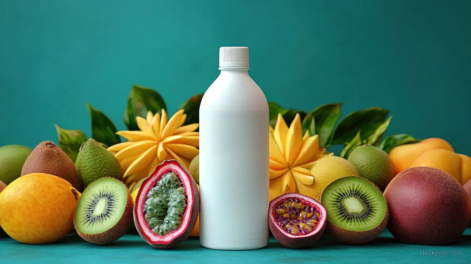 A white bottle sits in front of passion fruit halves, kiwi slices, and other tropical fruit on a teal background with green leaves.