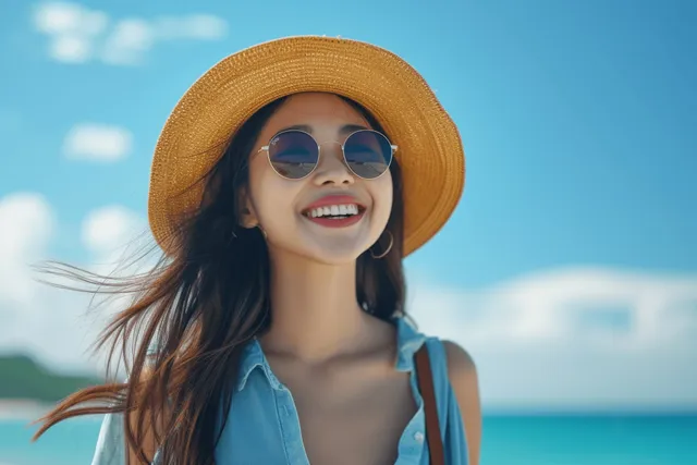 Joyful woman on summer beach vacation posing in straw hat and sunglasses