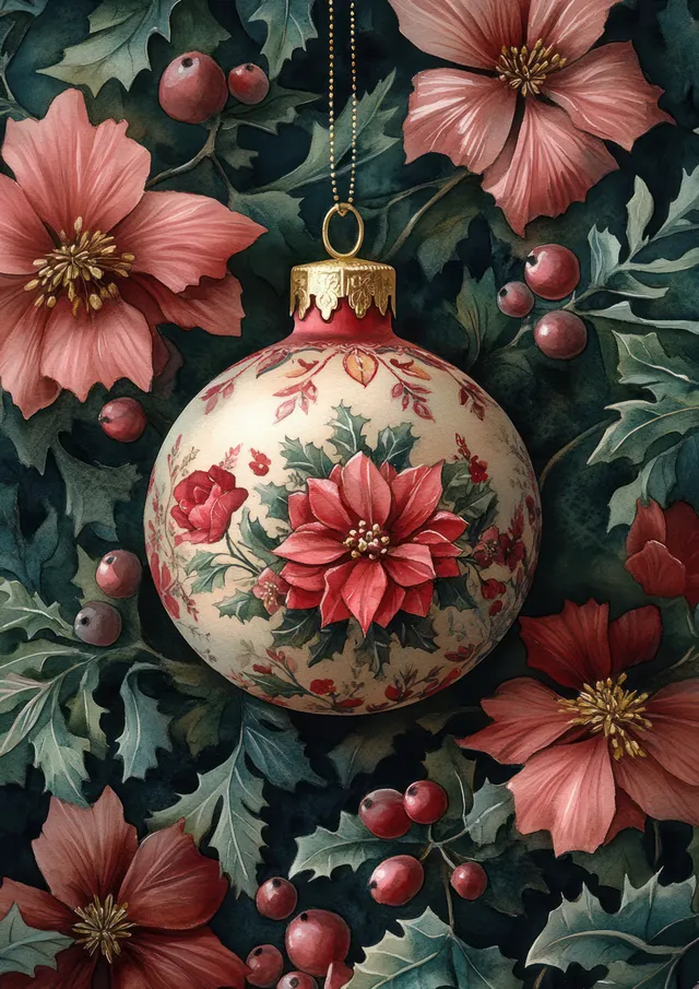 Adorno navideño de estilo acuarela con flores de pascua cuelga de hojas perennes y bayas rojas.