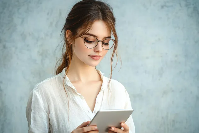 Young woman with glasses looks at a tablet while wearing a white shirt against a soft gray indoor background.