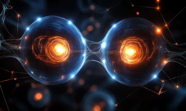 Two glowing quantum energy orbs with hexagonal light trails and atomic particles