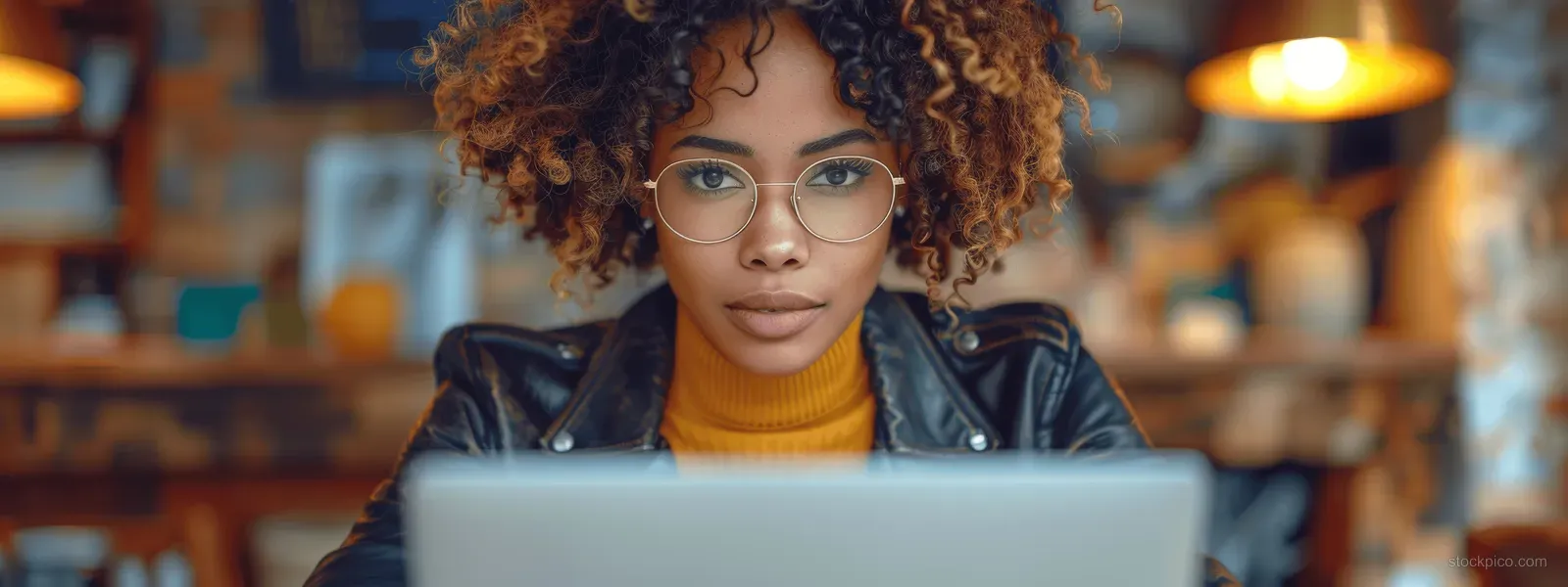 Young businesswoman typing on a laptop at an office desk with blurred modern workspace behind her.
