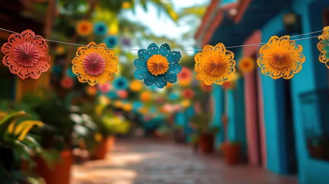 Colorful paper flower garland hangs from a string above a sunlit town street with bright buildings in the background.