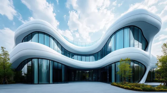 Curved white building with arched glass windows and landscaped trees under a partly cloudy blue sky.
